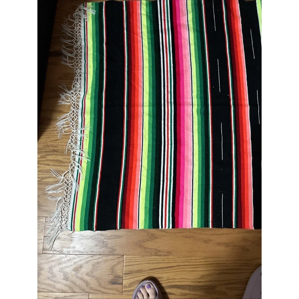 Traditional Colorful Striped Fringed Woven  Mexican Blanket 7' X 3'